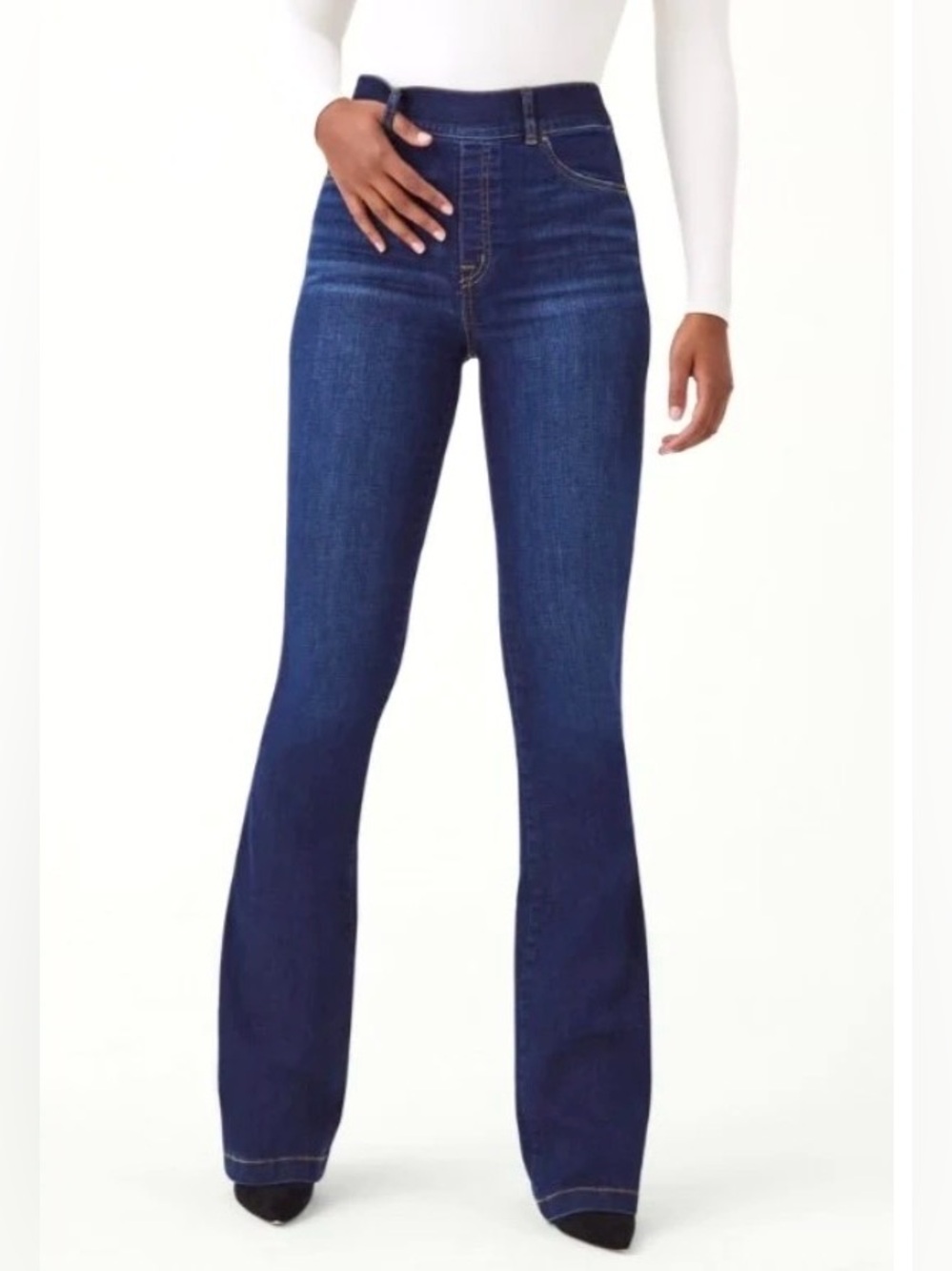 SPANX Flare Jeans High Rise Pull On Dark Wash Size Large Tall Long Flare Leg